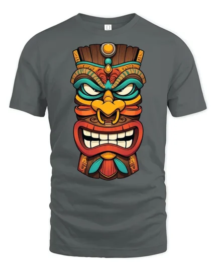 Colorful Tiki Mask Graphic T Shirt Tribal Style Art Tee - gray t-shirt on white background