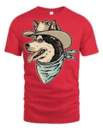 Funny Cowboy Husky Dog Western Style Graphic T Shirt - red t-shirt on white background