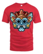 Colorful Tribal Mask Monster Graphic T Shirt Bold Art Tee - red t-shirt on white background