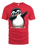 Funny Dabbing Penguin With Sunglasses Cool Graphic T Shirt - red t-shirt on white background