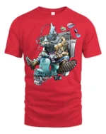 Funny Delivery Lizard Riding Scooter Cartoon Graphic T Shirt - red t-shirt on white background