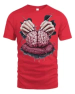 Knitting Brain Graphic T Shirt Dark Artistic Surreal Tee - red t-shirt on white background