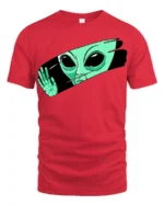 Funny Alien Peeking Graphic T Shirt Cute UFO Cartoon Tee - red t-shirt on white background