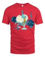 Funny Egg Workout Gym Fail Graphic T Shirt Cartoon Humor - red t-shirt on white background