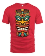 Colorful Tiki Mask Graphic T Shirt Tribal Style Art Tee - red t-shirt on white background
