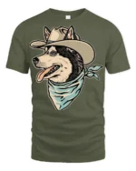 Funny Cowboy Husky Dog Western Style Graphic T Shirt - military green t-shirt on white background