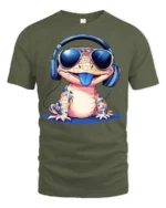 Funny Cool Gecko With Headphones Sunglasses Graphic T Shirt - military green t-shirt on white background