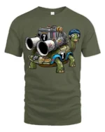 Funny Racing Turtle With Engine Cartoon Graphic T Shirt - military green t-shirt on white background