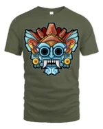 Colorful Tribal Mask Monster Graphic T Shirt Bold Art Tee - military green t-shirt on white background
