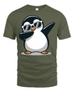 Funny Dabbing Penguin With Sunglasses Cool Graphic T Shirt - military green t-shirt on white background