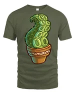 Funny Octopus Tentacle Cactus Plant Cartoon Graphic T Shirt - military green t-shirt on white background