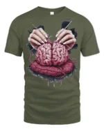 Knitting Brain Graphic T Shirt Dark Artistic Surreal Tee - military green t-shirt on white background