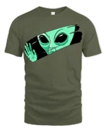 Funny Alien Peeking Graphic T Shirt Cute UFO Cartoon Tee - military green t-shirt on white background