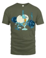 Funny Egg Workout Gym Fail Graphic T Shirt Cartoon Humor - military green t-shirt on white background