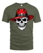 Skull With Red Hat Graphic T Shirt Cool Gothic Style Tee - military green t-shirt on white background