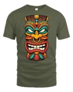 Colorful Tiki Mask Graphic T Shirt Tribal Style Art Tee - military green t-shirt on white background