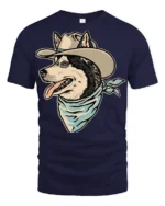 Funny Cowboy Husky Dog Western Style Graphic T Shirt - navy t-shirt on white background