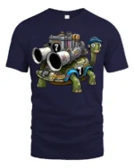 Funny Racing Turtle With Engine Cartoon Graphic T Shirt - navy t-shirt on white background