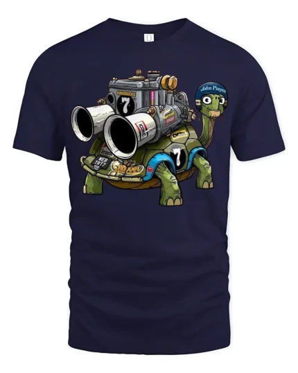 Funny Racing Turtle With Engine Cartoon Graphic T Shirt - navy t-shirt on white background