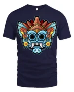 Colorful Tribal Mask Monster Graphic T Shirt Bold Art Tee - navy t-shirt on white background
