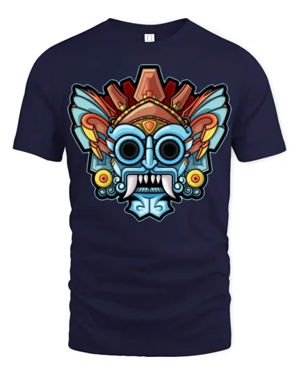 Colorful Tribal Mask Monster Graphic T Shirt Bold Art Tee - navy t-shirt on white background