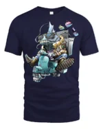 Funny Delivery Lizard Riding Scooter Cartoon Graphic T Shirt - navy t-shirt on white background