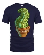 Funny Octopus Tentacle Cactus Plant Cartoon Graphic T Shirt - navy t-shirt on white background
