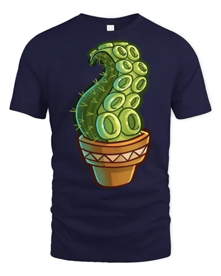 Funny Octopus Tentacle Cactus Plant Cartoon Graphic T Shirt - navy t-shirt on white background