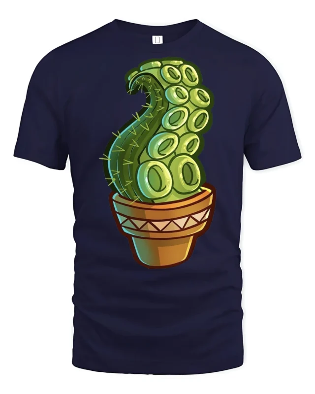 Funny Octopus Tentacle Cactus Plant Cartoon Graphic T Shirt - navy t-shirt on white background