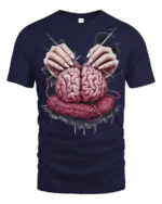 Knitting Brain Graphic T Shirt Dark Artistic Surreal Tee - navy t-shirt on white background