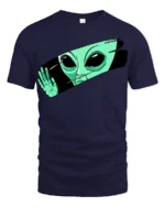 Funny Alien Peeking Graphic T Shirt Cute UFO Cartoon Tee - navy t-shirt on white background