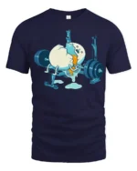 Funny Egg Workout Gym Fail Graphic T Shirt Cartoon Humor - navy t-shirt on white background