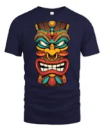 Colorful Tiki Mask Graphic T Shirt Tribal Style Art Tee - navy t-shirt on white background
