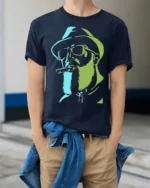 Cool Bearded Cowboy Smoking Cigar Graphic T Shirt - model wearing navy tee with hands in pockets