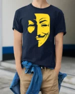 Anonymous Mask Graphic T Shirt Hacker Style Face Tee - model wearing navy tee with hands in pockets