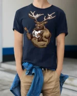 Funny Muscular Deer Lumberjack Graphic T Shirt Wild Humor - model wearing navy tee with hands in pockets