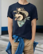Funny Cowboy Husky Dog Western Style Graphic T Shirt - model wearing navy tee with hands in pockets