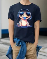Funny Cool Gecko With Headphones Sunglasses Graphic T Shirt - model wearing navy tee with hands in pockets