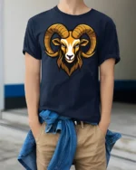 Bold Ram Head Graphic T Shirt Fierce Animal Style Tee - model wearing navy tee with hands in pockets