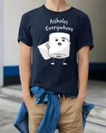 Funny Toilet Paper Assholes Everywhere Meme T Shirt - model wearing navy tee with hands in pockets