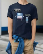 Funny Floppy Disk I Am Your Father Tech Meme T Shirt - model wearing navy tee with hands in pockets