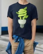 Eco Light Bulb Plant Growth Green Energy Graphic T Shirt - model wearing navy tee with hands in pockets