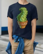 Funny Octopus Tentacle Cactus Plant Cartoon Graphic T Shirt - model wearing navy tee with hands in pockets