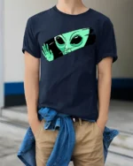 Funny Alien Peeking Graphic T Shirt Cute UFO Cartoon Tee - model wearing navy tee with hands in pockets