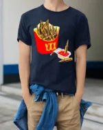 Funny Ammo Fries And Ketchup Graphic T Shirt Dark Humor - model wearing navy tee with hands in pockets