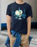 Funny Egg Workout Gym Fail Graphic T Shirt Cartoon Humor - model wearing navy tee with hands in pockets
