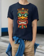 Colorful Tiki Mask Graphic T Shirt Tribal Style Art Tee - model wearing navy tee with hands in pockets