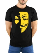 Anonymous Mask Graphic T Shirt Hacker Style Face Tee - model wearing black tee with hands behind back
