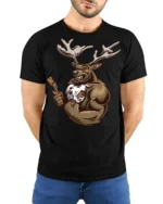 Funny Muscular Deer Lumberjack Graphic T Shirt Wild Humor - model wearing black tee with hands behind back