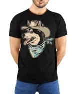 Funny Cowboy Husky Dog Western Style Graphic T Shirt - model wearing black tee with hands behind back